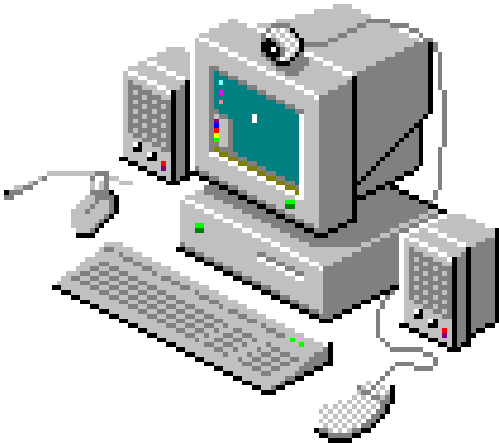 GIF of an old computer drawn in pixel art, made from an isometric point of view.