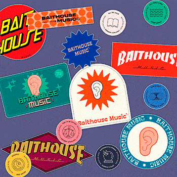 various stickers of the music collective baithouse music