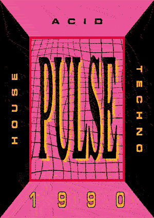 Flyer with a drid pattern that reads 'PULSE - HOUSE - ACID - TECHNO - 1999'