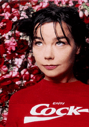 photo of Bjork with a red shirt looking up and with flowers in the background