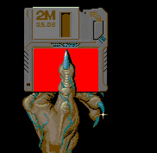 Pixel drawn gif of a monsters hand holding a floppy disk