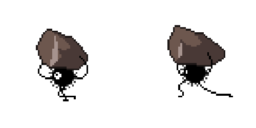 gif of two small black dots with eyes, legs and arms carrying charcoal on their heads